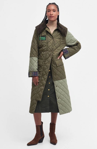 Shop Barbour X Ganni Burghley Oversize Quilted Coat In Fern/ Light Moss/ Classic