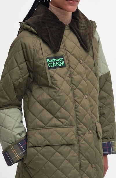 Shop Barbour X Ganni Burghley Oversize Quilted Coat In Fern/ Light Moss/ Classic