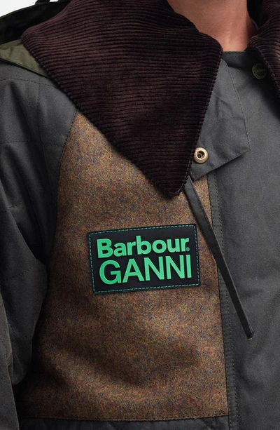 Shop Barbour X Ganni Burghley Hooded Wool Contrast & Waxed Cotton Jacket In Archive Olive/ Tan/ Olive