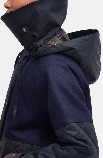 Shop Barbour X Ganni Burghley Hooded Wool Contrast & Waxed Cotton Jacket In Navy/ Dull Classic/ Classic