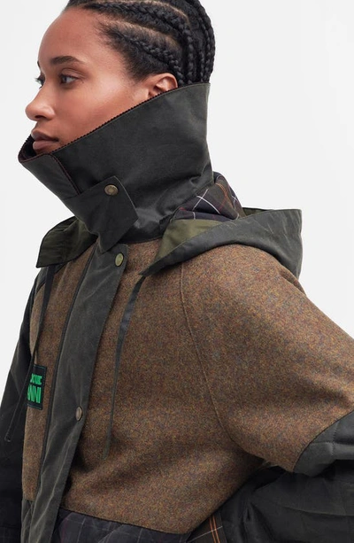 Shop Barbour X Ganni Burghley Hooded Wool Contrast & Waxed Cotton Jacket In Archive Olive/ Tan/ Olive