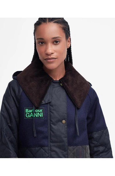 Shop Barbour X Ganni Burghley Hooded Wool Contrast & Waxed Cotton Jacket In Navy/ Dull Classic/ Classic