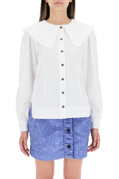Shop Ganni Cotton Shirt With Oversized Collar In White