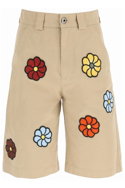Shop Moncler Genius Moncler X Jwanderson Cotton Shorts With Macrame Flowers In Beige