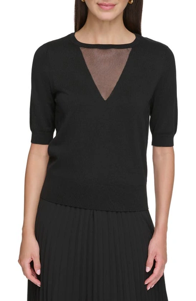 Shop Dkny Sheer Mesh Illusion V-neck Sweater In Black