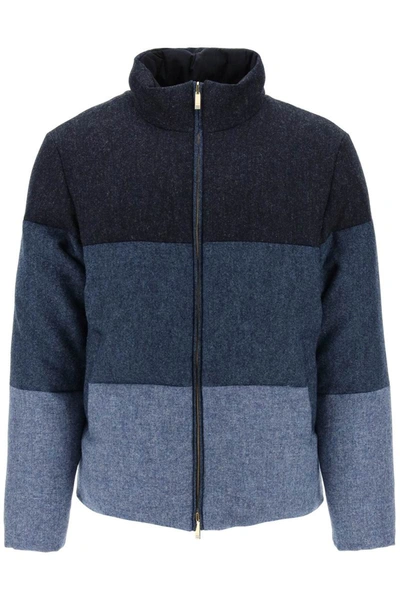 Shop Thom Browne Reversible Puffer Jacket In Donegal Tweed With 4-bar Motif In Blue