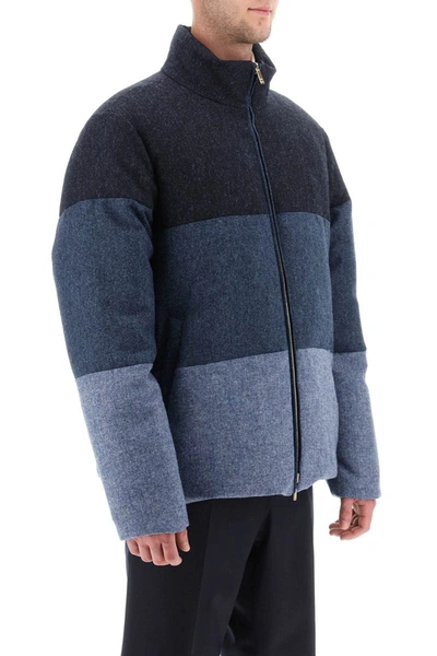 Shop Thom Browne Reversible Puffer Jacket In Donegal Tweed With 4-bar Motif In Blue