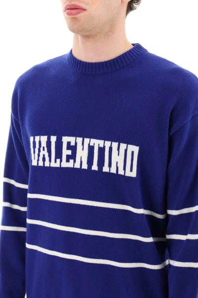 Shop Valentino Pullover With Jacquard Lettering Logo In Blue