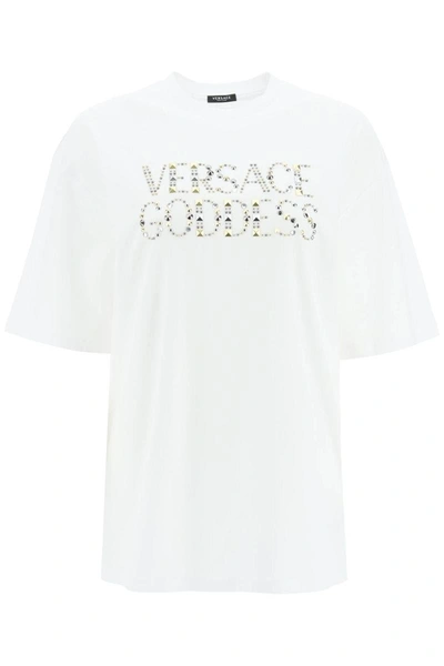 Shop Versace Goddess T-shirt With Studs In White