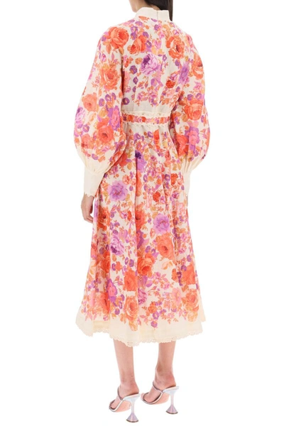 Shop Zimmermann 'raie Billow' Midi Dress In Linen With Floral Motif In Multicolor