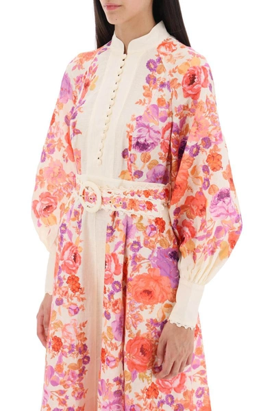 Shop Zimmermann 'raie Billow' Midi Dress In Linen With Floral Motif In Multicolor