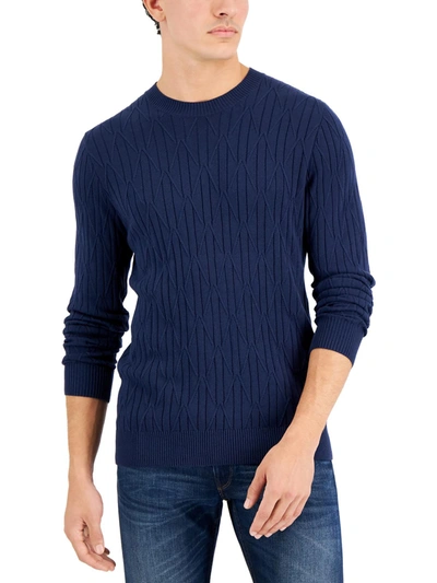 Shop Alfani Mens Cable Knit Cotton Crewneck Sweater In Blue