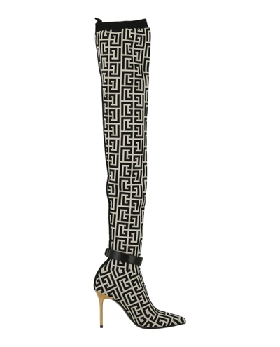 Shop Balmain Raven Knit Monogram Thigh-high Boots In Black