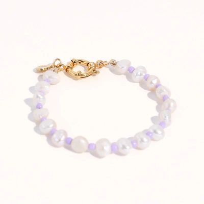 Shop Joey Baby 18k Gold Plated Freshwater Pearls With Purple Glass Beads - Taro Bracelet 10" In Silver