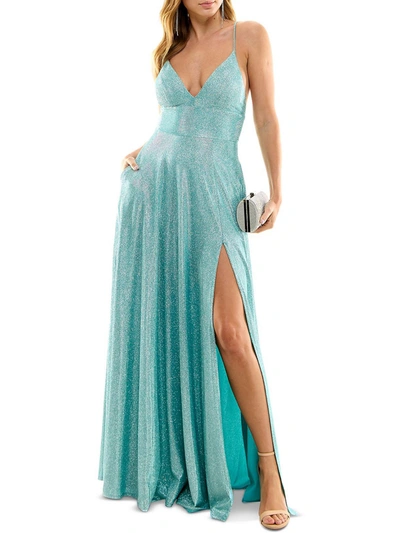 Shop B Darlin Juniors Womens Glitter High Slit Evening Dress In Blue