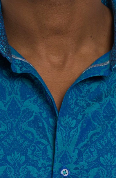 Shop Robert Graham Highland 3 Damask Jacquard Stretch Cotton Button-up Shirt In Turquoise