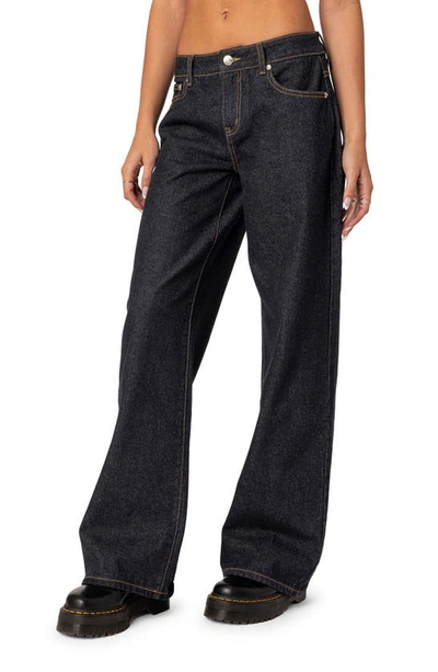 Shop Edikted Raelynn Low Rise Wide Leg Jeans In Indigo-blue-raw-wash