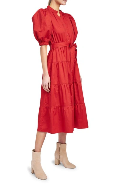 Shop En Saison Tiered Tie Waist Puff Sleeve Poplin Midi Dress In Red