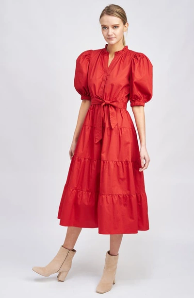Shop En Saison Tiered Tie Waist Puff Sleeve Poplin Midi Dress In Red