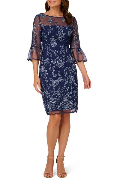 Shop Adrianna Papell Floral Embroidered Bell Sleeve Sheath Dress In Midnight Multi