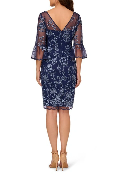 Shop Adrianna Papell Floral Embroidered Bell Sleeve Sheath Dress In Midnight Multi