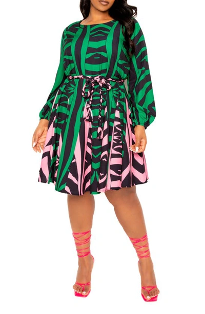 Shop Buxom Couture Contrast Print Belted Long Sleeve Minidress In Green Print