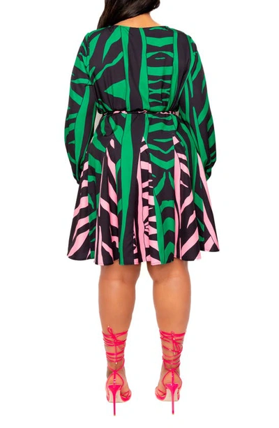 Buxom Couture Contrast Print Belted Long Sleeve Minidress In Green Print