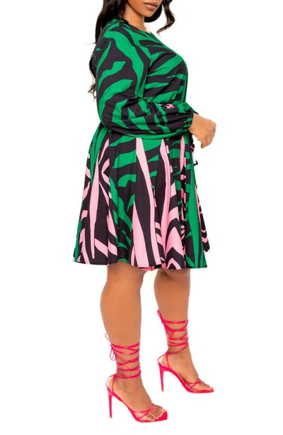 Shop Buxom Couture Contrast Print Belted Long Sleeve Minidress In Green Print