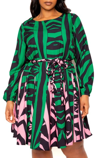 Shop Buxom Couture Contrast Print Belted Long Sleeve Minidress In Green Print