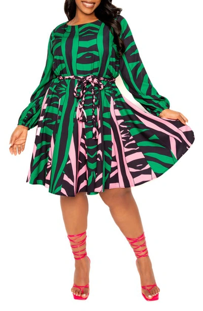 Shop Buxom Couture Contrast Print Belted Long Sleeve Minidress In Green Print