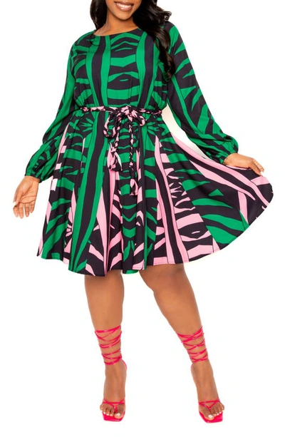 Buxom Couture Contrast Print Belted Long Sleeve Minidress In Green Print