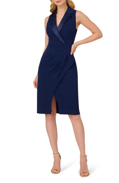 Shop Adrianna Papell Sleeveless Tuxedo Sheath Dress In Navy Sateen