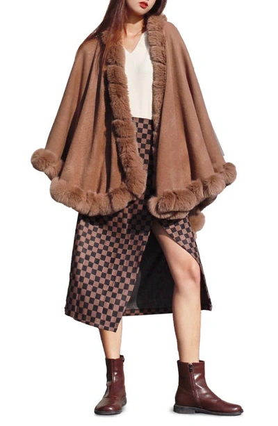 Saachi Faux Fur Trim Cape In Brown