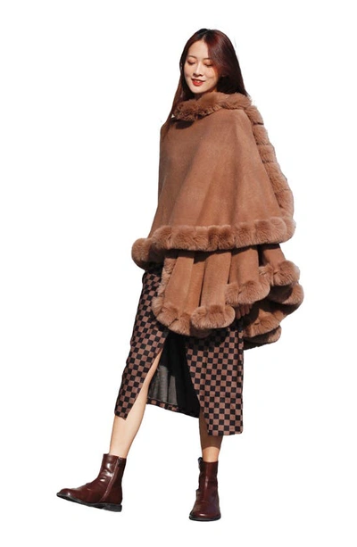 Saachi Faux Fur Trim Cape In Brown