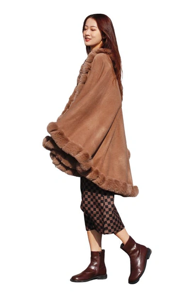 Saachi Faux Fur Trim Cape In Brown