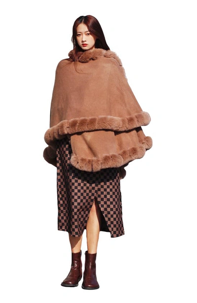 Saachi Faux Fur Trim Cape In Brown
