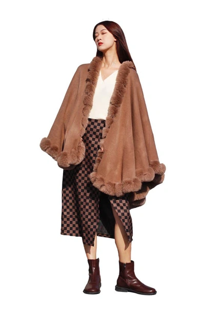 Saachi Faux Fur Trim Cape In Brown