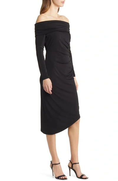 Sam Edelman Off The Shoulder Long Sleeve Midi Body-con Dress In Black