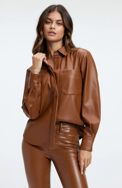 Good American Better Than Leather Faux Leather Button-up Shirt In Burnt Caramel002
