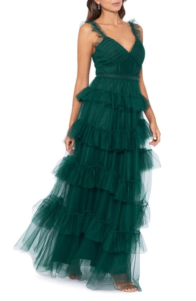 Shop Betsy & Adam Tiered Ruffle Tulle Gown In Hunter