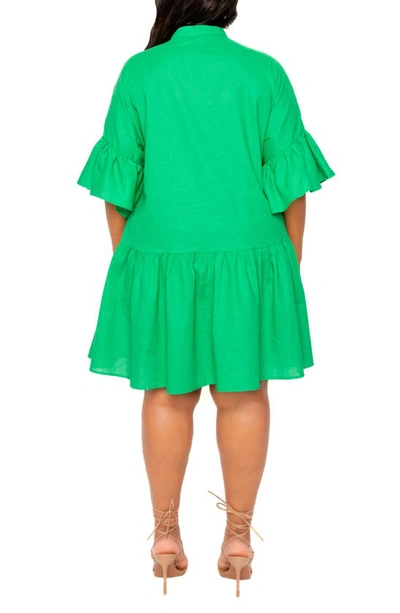 Buxom Couture Flutter Sleeve Cotton & Linen Shift Dress In Green