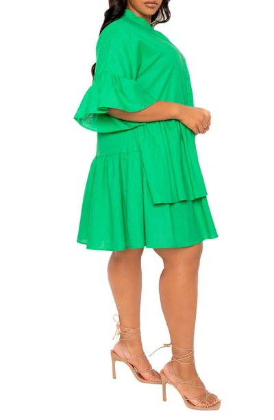 Buxom Couture Flutter Sleeve Cotton & Linen Shift Dress In Green