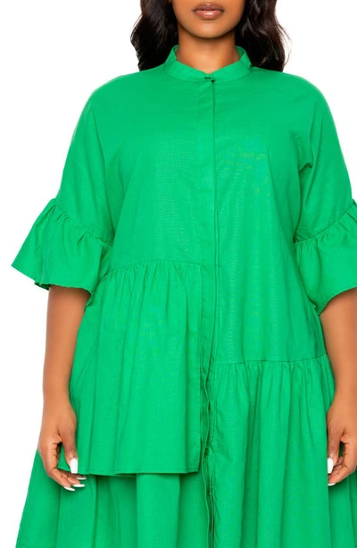 Buxom Couture Flutter Sleeve Cotton & Linen Shift Dress In Green