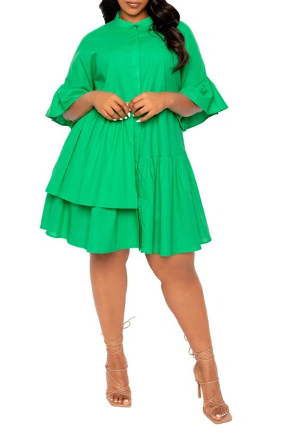 Buxom Couture Flutter Sleeve Cotton & Linen Shift Dress In Green