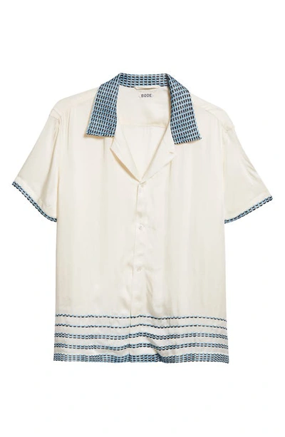 Shop Bode Sellier Embroidered Silk Camp Shirt In Cream Blue