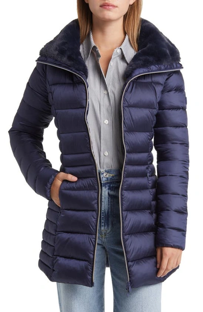 Shop Save The Duck Caroline Faux Fur Collar Longline Puffer Jacket In Blue Black