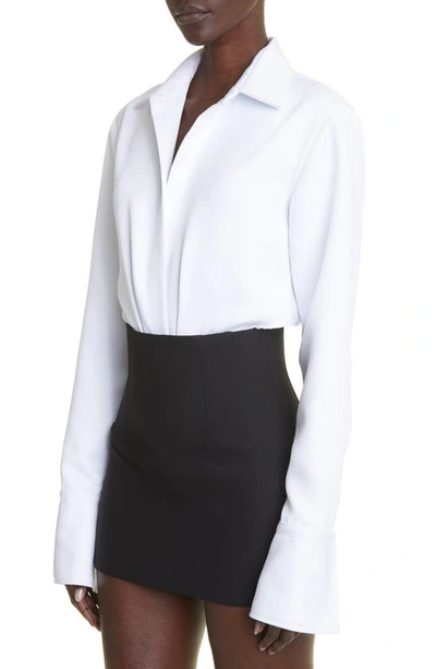 Shop Laquan Smith Long Sleeve Satin Bodysuit In White