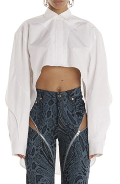 Shop Mugler Crop High-low Cotton Button-up Shirt In Blanc Optique