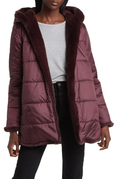 Shop Save The Duck Bridget Reversible Faux Fur Hooded Jacket In Burgundy Black