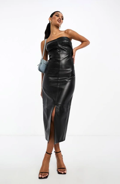 Shop Asos Design Strapless Faux Leather Midi Dress In Black